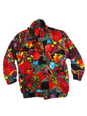 VTG 80s Elements Bright Colourful Floral Paisley Art Print Long Bomber Jacket